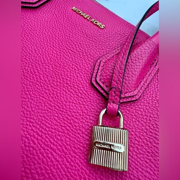 Michael Kors Fuchsia Pink Satchel – Pebbled Leather + Gold Lock & Strap - Picture 4 of 17